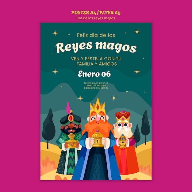 Template di poster per la celebrazione di reyes magos