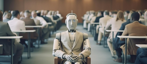 Un robot in attesa in un ufficio moderno per un colloquio di lavoro ia generativa
