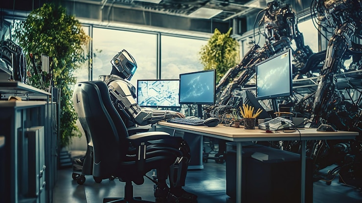 Free PSD a robot working in a modern office with real people generative ai