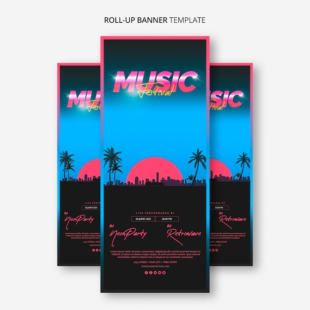 Roll up banner template per il festival musicale degli anni '80