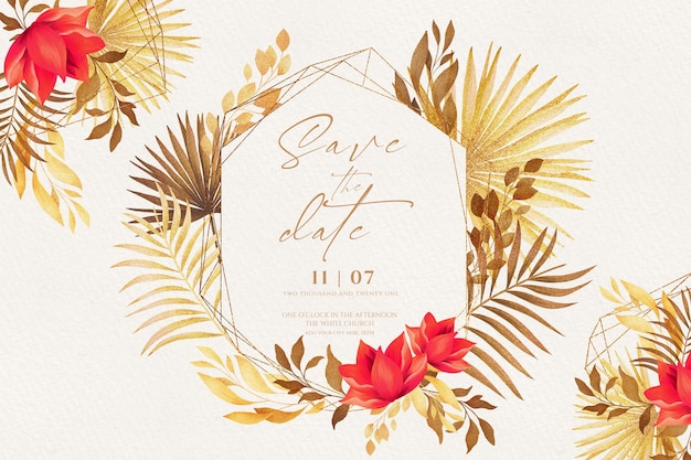 Romantic save the date invitation with golden and red nature