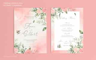 無料PSD ロマンチックな水彩結婚式の招待状とメニューテンプレート