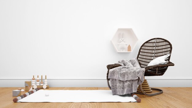 Room decorated with modern furniture, carpet, and decorative objects