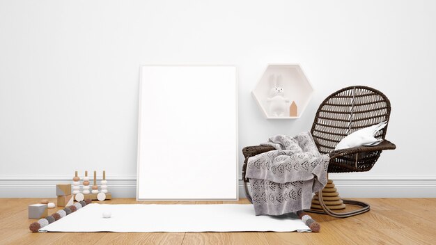 Room decorated with modern furniture, photo frame, carpet, and decorative objects