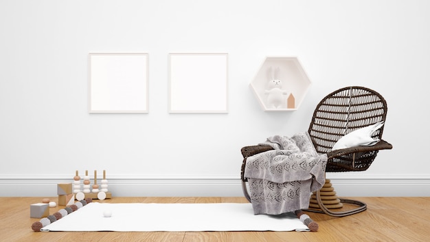 Free PSD room decorated with modern furniture, photo frames on wall, and decorative objects