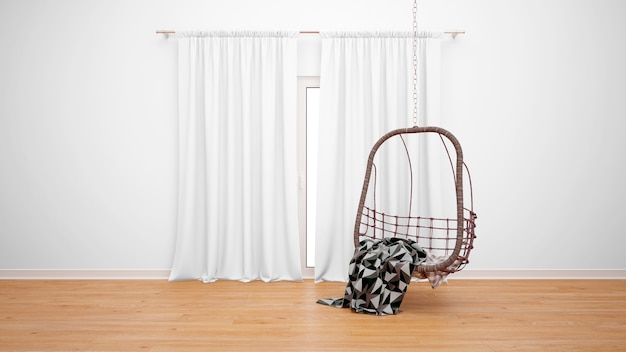 Free PSD room with hanging chair next to the window with white curtains