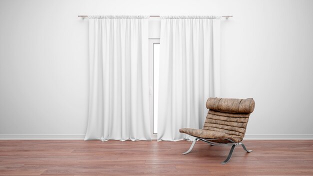 Camera con divano vintage accanto alla finestra con tende bianche