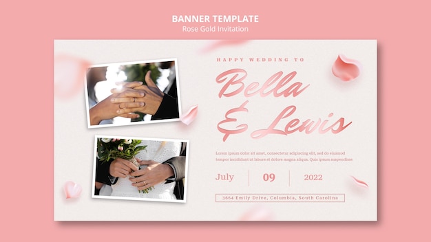 Free PSD rose gold horizontal banner template and wedding invitation template with petals