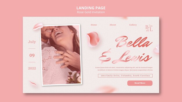 Rose gold landing page and wedding invitation template with petals