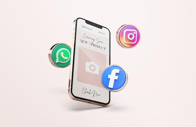 Rose gold mobile phone mockup with 3d social media icons