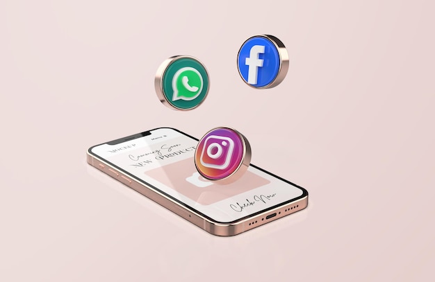Rose gold mobile phone mockup with 3d social media icons