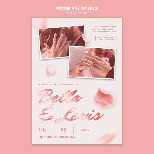 無料PSD 花びらとローズゴールドの結婚式の招待状とポスターテンプレート