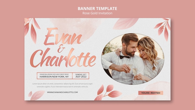 Modello di banner orizzontale invito a nozze in oro rosa con foglie