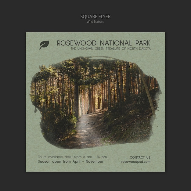 Шаблон флаера национального парка Розвуд с природой и деревьями