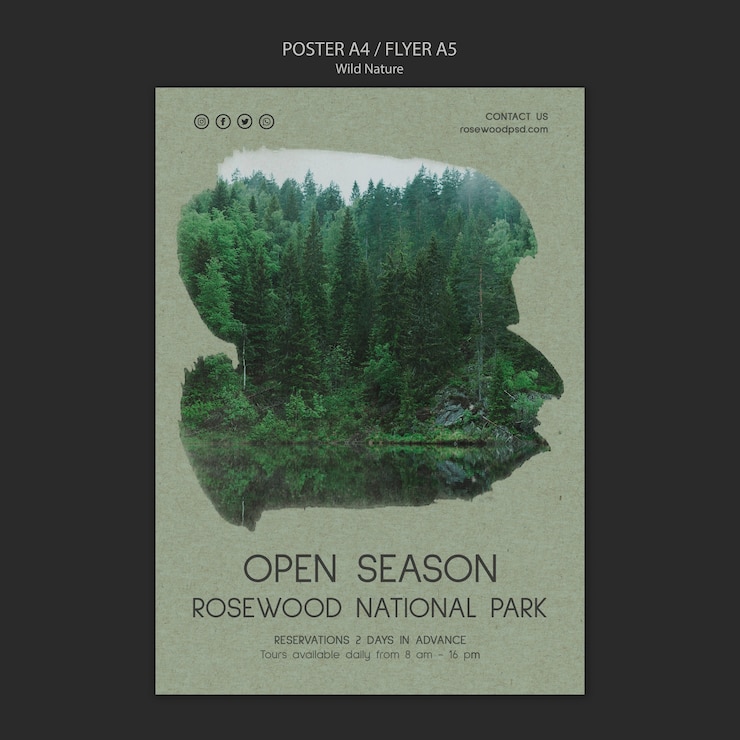 Free PSD rosewood national park poster template with trees and lake