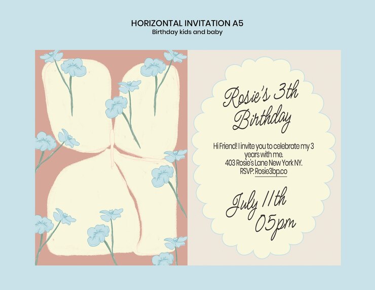 無料PSD ロージーの3歳の誕生日のインビテーション