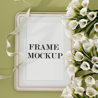 Rounded corner photo frame with flowers in 3d rendering