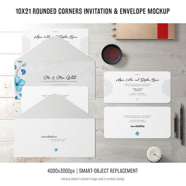 Free PSD rounded corners invitation and envelope mockup