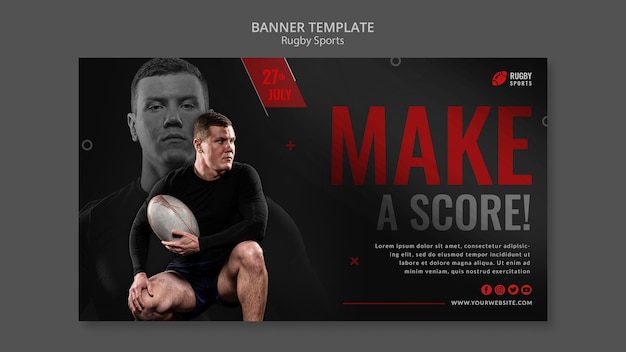 PSD gratuito modello di banner orizzontale per gli sport di rugby