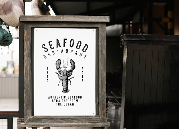 Rustic style sign mockup at a seafood restaurant