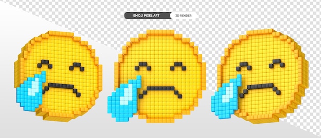 Free PSD sad emoji pixel art 3d render with transparent background