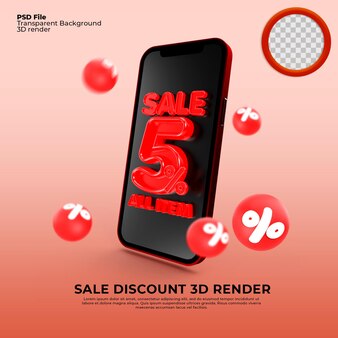 Скидка на продажу 5 процентов в макете телефона 3d визуализации черного и красного цветов