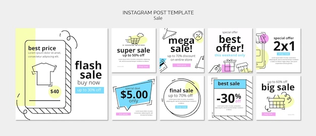 Free PSD sale instagram posts collection with hand drawn design