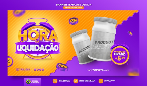 Sale time banner 3d render in brazil template design in portuguese