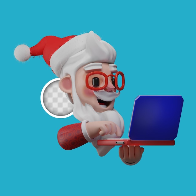Free PSD santa claus doing online shopping from computer. 3d rendering