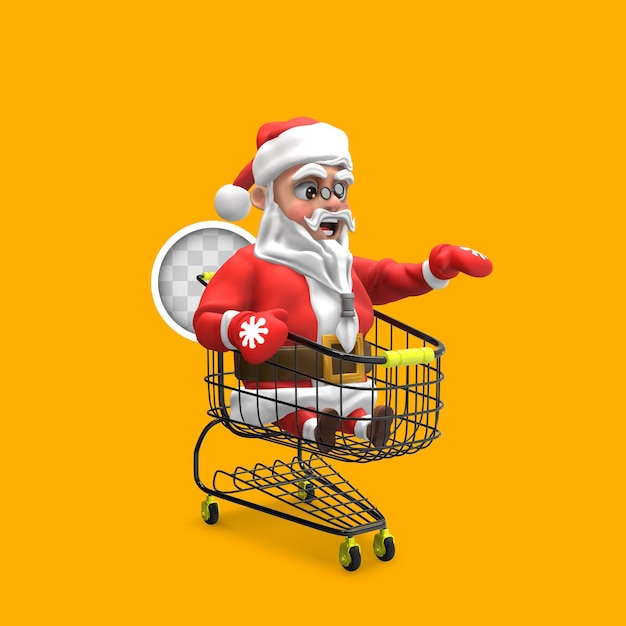 Free PSD santa claus driving shopping cart. 3d rendering