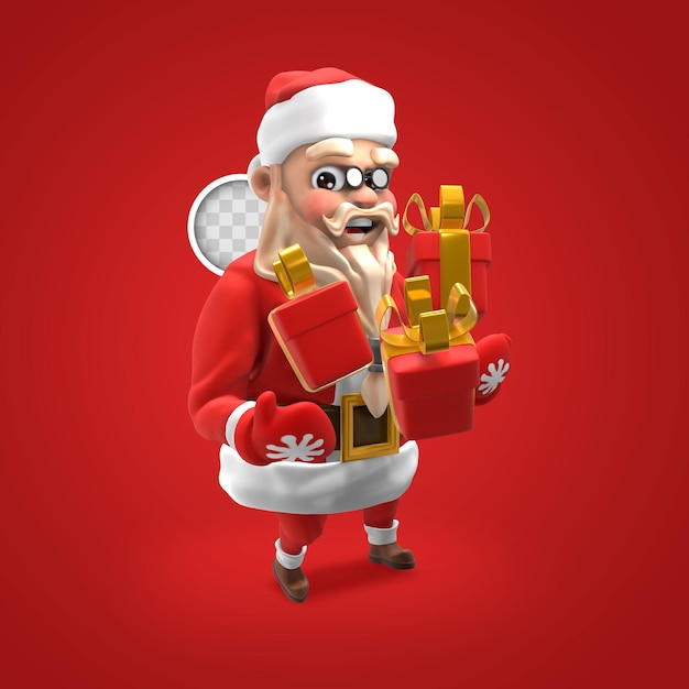 Free PSD santa claus holding gifts. 3d rendering.