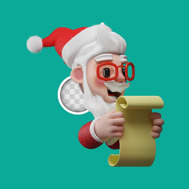 Free PSD santa claus reading the gift list. 3d rendering