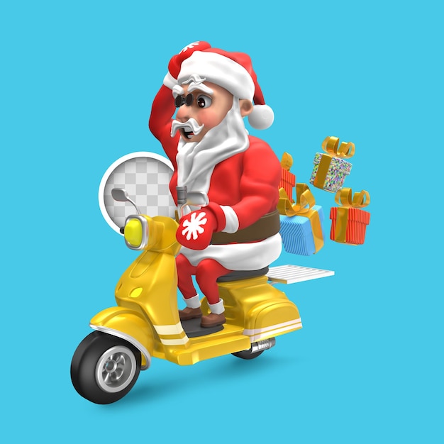 Free PSD santa claus with delivery scooter. 3d rendering