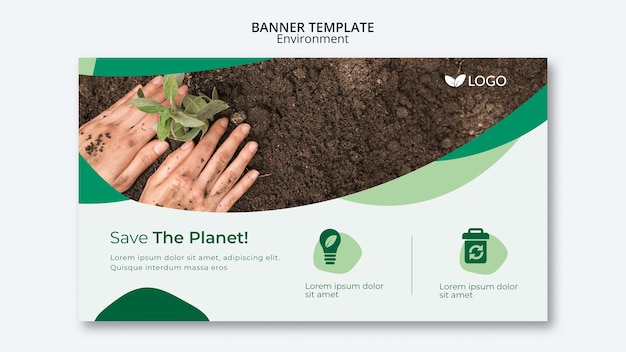 Save the planet banner template with hands planting in soil