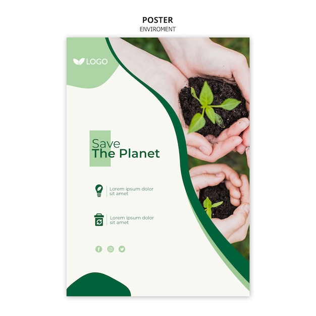 Сохраните шаблон плаката планеты с ручными растениями в почве