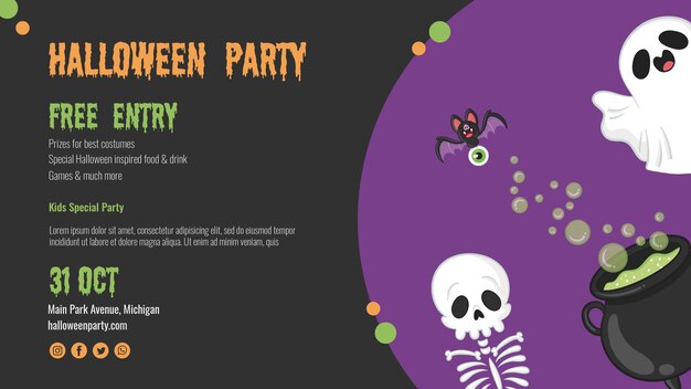 Scary halloween flyer with skeleton and ghost