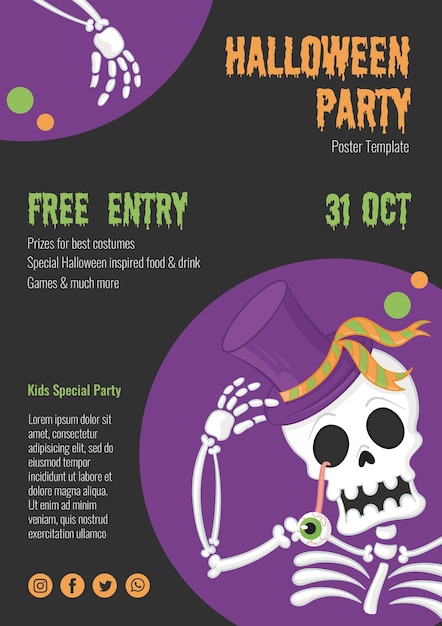 Free PSD scary halloween poster with skeleton