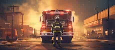 Free PSD scene of firefighter and firetruck generative ai