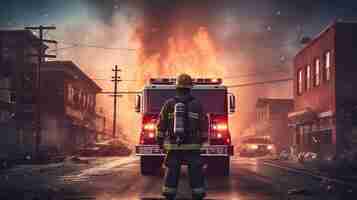 Free PSD scene of firefighter and firetruck generative ai