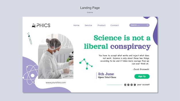 Free PSD science landing page with photo