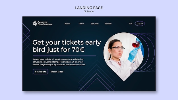 Science and technology landing page template with gradient colors and geometric shapes