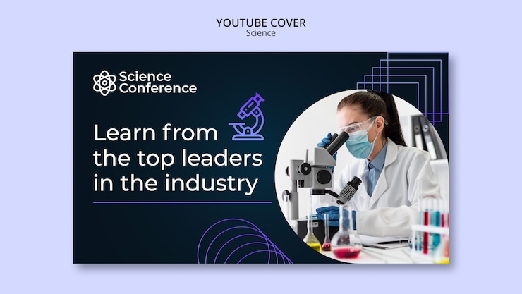 Free PSD science and technology youtube cover with gradient colors and geometric shapes