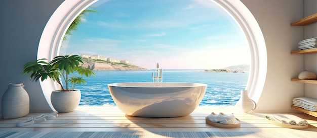 Free PSD sea view from circle window with bathtub generative ai