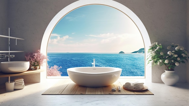 Free PSD sea view from circle window with bathtub generative ai