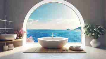 無料PSD バスタブ付きサークル窓からの海の景色 generative ai