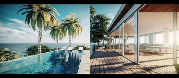 Free PSD sea viewluxury modern beach house generative ai