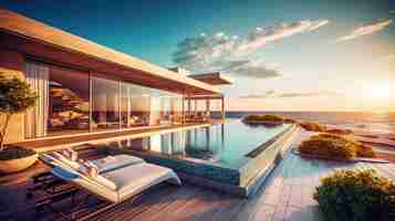 Free PSD sea viewluxury modern beach house generative ai