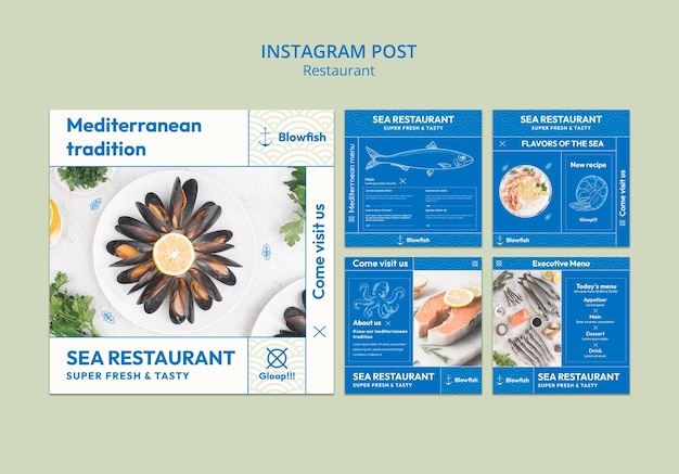 Бесплатный PSD Коллекция постов в instagram ресторана морепродуктов