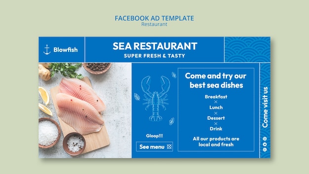 PSD gratuito modello di promozione sui social media del ristorante di pesce