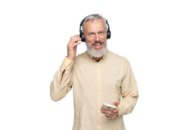 Senior man with headphones